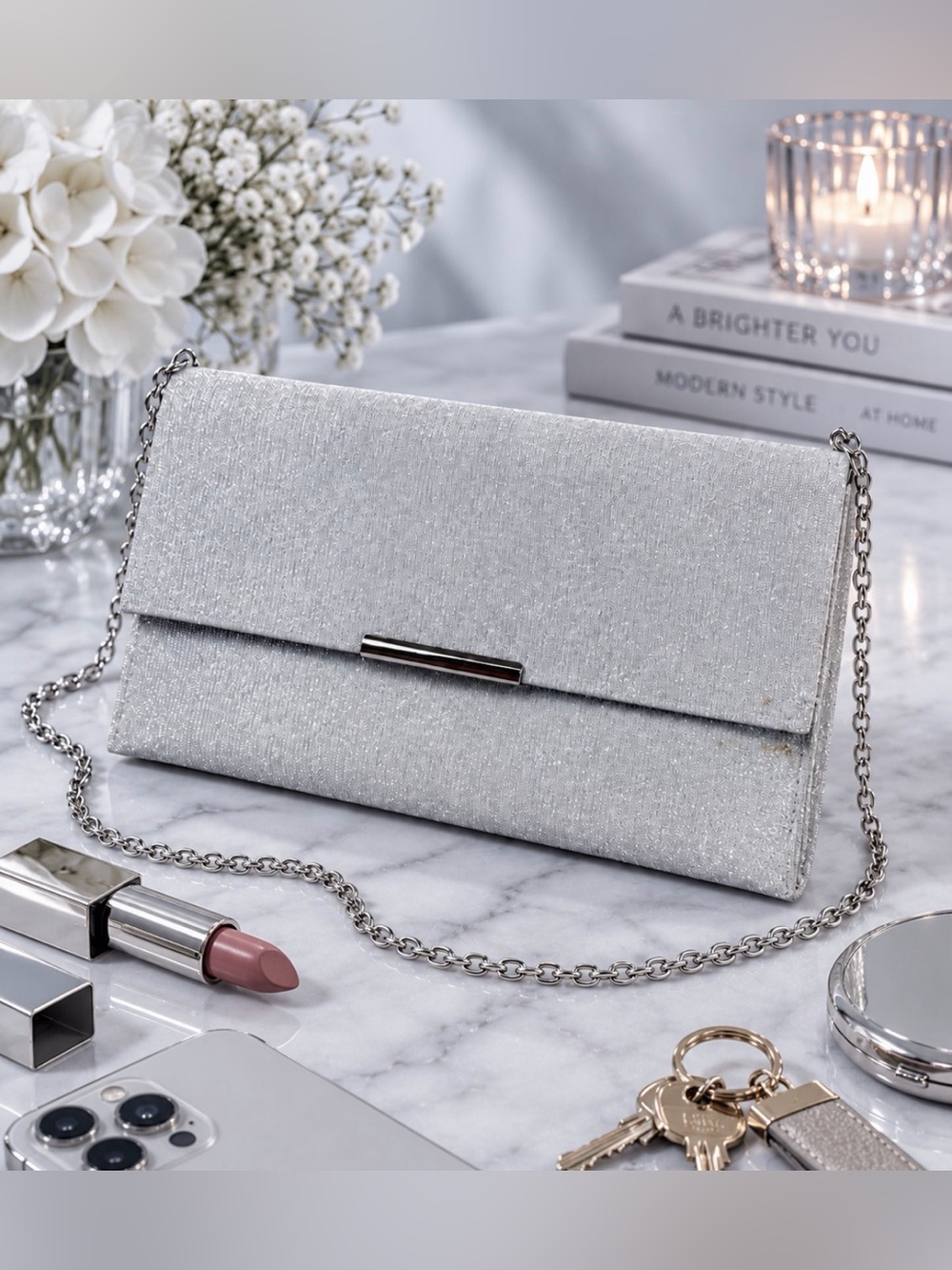 (VTG) LA REGALE • Silver Sparkly Glitter Evening Clutch w/ Chain Strap, OS - Picture 16 of 16